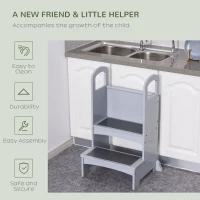 Qaba Toddler Tower Kitchen Helper for Children with 2 Non-Slip Steps and Support Handles - Grey(m-4)
