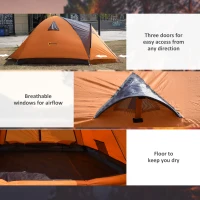 Outsunny Camping Tent with Porch for 4 People, Compact Portable Travel Camping Gear with 3 Doors, Outdoor Dome Tent for Backpacking Hiking or Beach with Windows, Carrying Bag, Orange(m-7)