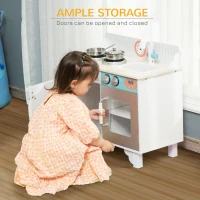 Qaba Kids Kitchen Play Cooking Toy Set, Educational Pretend Role Playset Game, with Sink, Faucet, Cooking Bench, Stainless Steel Pot, for 3-6 Years Old, White(m-6)