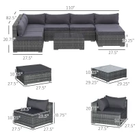 Outsunny Patio Furniture Set, 8 Pieces, Sectional Sofa, All Weather PE Rattan Conversation Set, Tempered Glass Table, 6 Seats, Ottoman Footstool, Cushions for Lawn, Backyard, Gray(m-3)