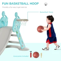 Qaba 2 in 1 Kids Slide with Basketball Hoop, Foldable Toddler Freestanding Slider Playset, for 18 months -4 Years Deer Shaped, Includes Basketball, Pump - Blue(m-7)