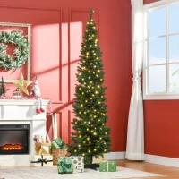 HOMCOM 7' Tall Pre-Lit Slim Noble Fir Artificial Pencil Christmas Tree with 200 Warm White LED Lights and 499 Tips, for Christmas Decoration, Green(m-10)