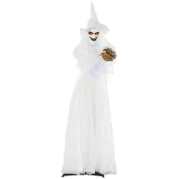 Outsunny 74" Life Size Outdoor Halloween Decorations White Witch Holding Pumpkin Head, Standing Skeleton Ghost Animated Prop Décor with Light Up Eyes and Body(m-11)