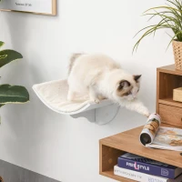 PawHut Wood Wall-Mounted Cat Shelves, Curved Kitten Bed Cat Perch Climber with Fleece Top, 16.25" x 11" x 8.25", White(m-8)