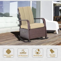 Outsunny Outdoor Wicker Rocking Chair Patio PE Rattan Recliner Chair with Cushion, Adjustable Footrest, Armrests, Khaki(m-4)