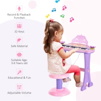 Qaba 32-Key Princess Electronic Toy Piano for Kids, Educational Keyboard Piano with Stool, MP3, Record, Flashing Lights, Microphone for 3-6 Years, Pink(m-7)