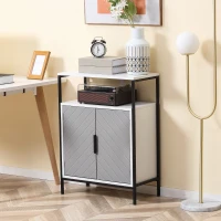 HOMCOM Storage Cabinet with Open Shelf and Double Door Cupboard, Accent Cabinet with Herringbone Panel and Steel Frame, Gray(m-10)