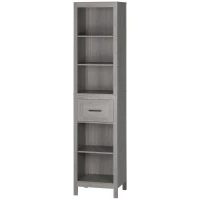 kleankin Narrow Bathroom Storage Cabinet with Drawer and 5 Tier Shelf, Tall Cabinet Freestanding Linen Tower, Slim Corner Organizer, Gray(m-11)