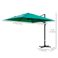 Outsunny 10x10ft Cantilever Umbrella with 4 Adjustable Angle and Rotation, Square Top Market Parasol with Aluminum Pole and Ribs for Backyard Patio Outdoor Area, Green(m-3)