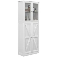 HOMCOM Tall Bathroom Storage Cabinet, Modern Bathroom Cabinet with Glass and Barn Doors, 5-Tier Floor Cabinet, White(m-2)