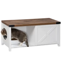 PawHut Cat Litter Box Enclosure with Sliding Door, Cat Washroom Storage Bench with Cat Hole, Indoor Cat House End Table with Sturdy Wooden Structure, White(m-2)