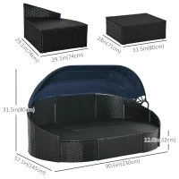 Outsunny 4 Pieces Patio PE Wicker Round Daybed, Outdoor Rattan Garden Lounge Furniture Sets, Dark Blue(m-3)