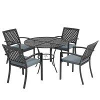 Outsunny 5-Piece Outdoor Dining Set with 4 Stackable Cushioned Armchairs, Patio Furniture Sets with Umbrella Hole Metal Plate Table, for Garden Deck Poolside Lawn Yard, Grey(m-2)
