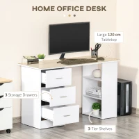 HOMCOM Computer Desk, 47" Writing Table with 3-Tier Shelves and 3 Reversible Drawers for Home Office, Bedroom, White(m-4)