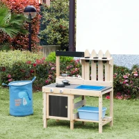 Outsunny Outdoor Kitchen Play Set with Frying Pan, Pretend Play Mud Kitchen for Kids with Removable Sink, Wooden Kitchen Set for Ages 3-7, with Planting Pots, Shelf, Cabinets(m-2)