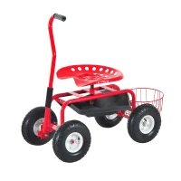 Outsunny Garden Scooter, Rolling Cart with Swivel and Adjustable Seat, Tool Tray, Bucket Basket, Red and Black(m-2)