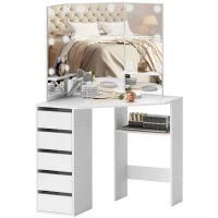 HOMCOM Makeup Vanity Table with 3-Panel Mirror and 10 LED Lights, Dressing Table with 5 Drawers and Shelves for Bedroom, White(m-11)