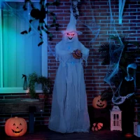 Outsunny 74" Life Size Outdoor Halloween Decorations White Witch Holding Pumpkin Head, Standing Skeleton Ghost Animated Prop Décor with Light Up Eyes and Body(m-10)