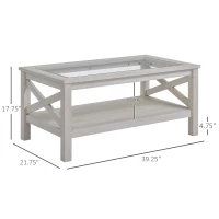 HOMCOM Coffee Table with Tempered Glass Tabletop, Living Room Table with Wood Frame and Underneath Storage Shelf, White Oak(m-3)