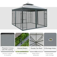 Outsunny 10' x 10' Steel Outdoor Patio Gazebo Canopy with Removable Mesh Curtains, Display Shelves, & Steel Frame, Grey(m-4)