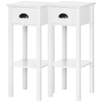 HOMCOM 2 Tier Side Table, Set of 2, Narrow Tall End Table with Drawer and Shelf, Slim Wooden Nightstand for Living Room, Bedroom, Hallway, White(m-11)