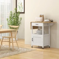 HOMCOM Foldable Kitchen Island with Storage Drawer, Wood Top Coffee Cart on Wheels, Kitchen Cart with Cabinet, White(m-1)