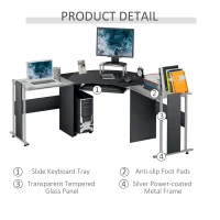 HOMCOM 69" Modern L-Shaped Tempered Glass Office Computer Desk with Elevated Monitor Stand, Rolling CPU Holder, Pull Out Keyboard Tray and Steel Frame, Black(m-7)