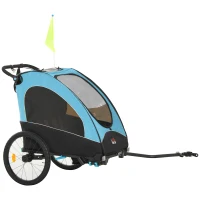 Aosom Child Bike Trailer 3 In1 Foldable Jogger 2-Seater Pushcar Transport Buggy Carrier with Shock Absorber System Rubber Tires Adjustable Handlebar Kid Bicycle Trailer Blue(m-2)