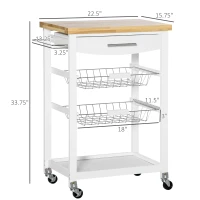 HOMCOM 3-Tier Kitchen Cart, Utility Cart with Solid Wood Top, Steel Basket, Rolling Kitchen Island with Drawer, Microwave Stand, White(m-3)