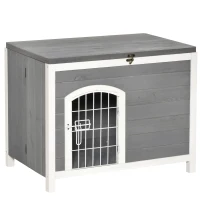 PawHut Foldable Wooden Dog House Raised Puppy Cage Kennel Cat Shelter for Indoor & Outdoor w/ Lockable Door Openable Roof Removable Bottom for Small and Medium Pets Grey(m-1)
