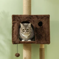 PawHut 89"-100" Floor to Ceiling Cat Tree with Cat Condo, Scratching Posts, 3-Steps, Perches, Hanging Ball & Anti-Tip Kit Brown(m-9)