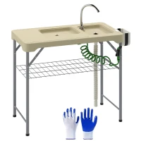 Outsunny Folding Fish Cleaning Table with Sinks, Portable Camping Sink Table with Faucet, Drainage Hose, Sprayer, Shelf, Drawer and Storage Basket, Outdoor Fillet Table for Picnic Beach Patio, Tan(m-1)