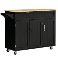 HOMCOM Mobile Kitchen Island with Storage, Kitchen Cart with Wood Top, Storage Drawers, 3-door Cabinets, Adjustable Shelves and Towel Rack, Black