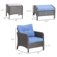 Outsunny 5 Pieces Rattan Wicker Lounge Chair Outdoor Patio Conversation Set with 2 Cushioned Chairs, 2 Ottomans and Tempered Glass Top Coffee Table, Gray/Blue(m-3)