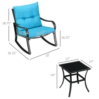 Outsunny 3 Pieces Patio Wicker Rocking Chairs Table Set, Outdoor PE Rattan Furniture with 2 Rockers & 1 Coffee Table w/ Padded Cushions for Deck, Backyard, Garden, Blue(m-3)