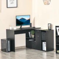 HOMCOM Convertible L-Shaped Computer Desk, Corner Table wth 3 Fabric Storage Boxes, Retractable Home Office Desk, Black(m-8)