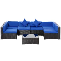 Outsunny 7 Piece Outdoor Patio Furniture Set, PE Rattan Wicker Sectional Sofa Set with Couch Cushions, Throw Pillows and Slat Coffee Table, Dark Brown, Deep Blue(m-11)