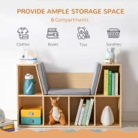 HOMCOM 6-Cubby Kids Bookcase with Reading Nook and Cushion, Multi-Purpose Storage Organizer for Bedroom, Living Room, Natural(m-4)