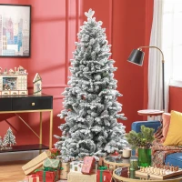 HOMCOM 6ft Flocked Artificial Christmas Tree with 1489 Snow Tips, Pinecones, Metal Stand, Hinged Xmas Tree for Home(m-1)