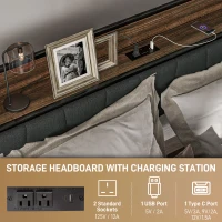 HOMCOM Full Size Bed Frame with Charging Station, Full Bed Frame with Upholstered Headboard and Storage Shelf, Walnut(m-4)