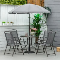 Outsunny 6 Piece Patio Dining Set for 4 with Umbrella, with 4 Folding Dining Chairs & Round Glass Table for Garden, Gray(m-10)