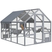 PawHut Wooden Catio Outdoor Cat Enclosure with Waterproof Cover, 2 Condos, 6 Platforms, Bridge, Doors, Gray(m-11)