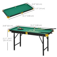 Soozier 55" Pool Table Set Folding Billiard Table with Adjustable Height, 2 Cues, 16 Balls, 2 Chalks, Triangle, Brush, Green(m-3)
