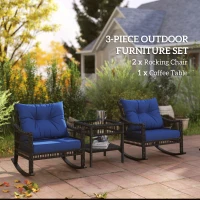 Outsunny 3 Pieces Outdoor PE Rattan Rocker Chair Set, Rocking Chair with Tempered Glass Table Top, 25"x26"x28", Dark Blue(m-4)