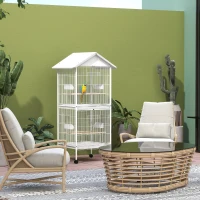 PawHut Wrought Metal Bird Cage Feeder with Rolling Stand Perches Food Containers Doors Wheels 67" H, White(m-8)