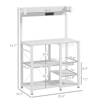 HOMCOM Industrial Kitchen Bakers Rack with Charging Station, RGB Lights, Glass Holders and Open Shelves, White(m-3)