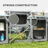 Outsunny Aluminum Camping Kitchen, Portable Folding Camping Table with Fabric Cupboards, Windshield, Bag for BBQ, Picnic, Gray(m-7)