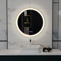 HOMCOM 28" Round Bathroom Mirror with LED Lights, Wall Mounted Vanity Mirror with Anti-Fog Pad, Time and Temp Display, Gold(m-10)