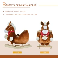 Qaba Kids Ride-On Rocking Horse Toy, Rocker with Lullaby Song, Hand Puppets & Soft Plush Fabric for Children 18-36 Months, Brown(m-5)
