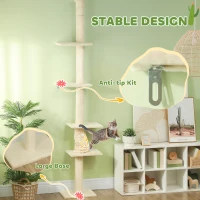 PawHut 89"-108" Floor to Ceiling Cat Tree with Scratching Post, Hand Crank & Anti-tip Kit, Cream White(m-5)